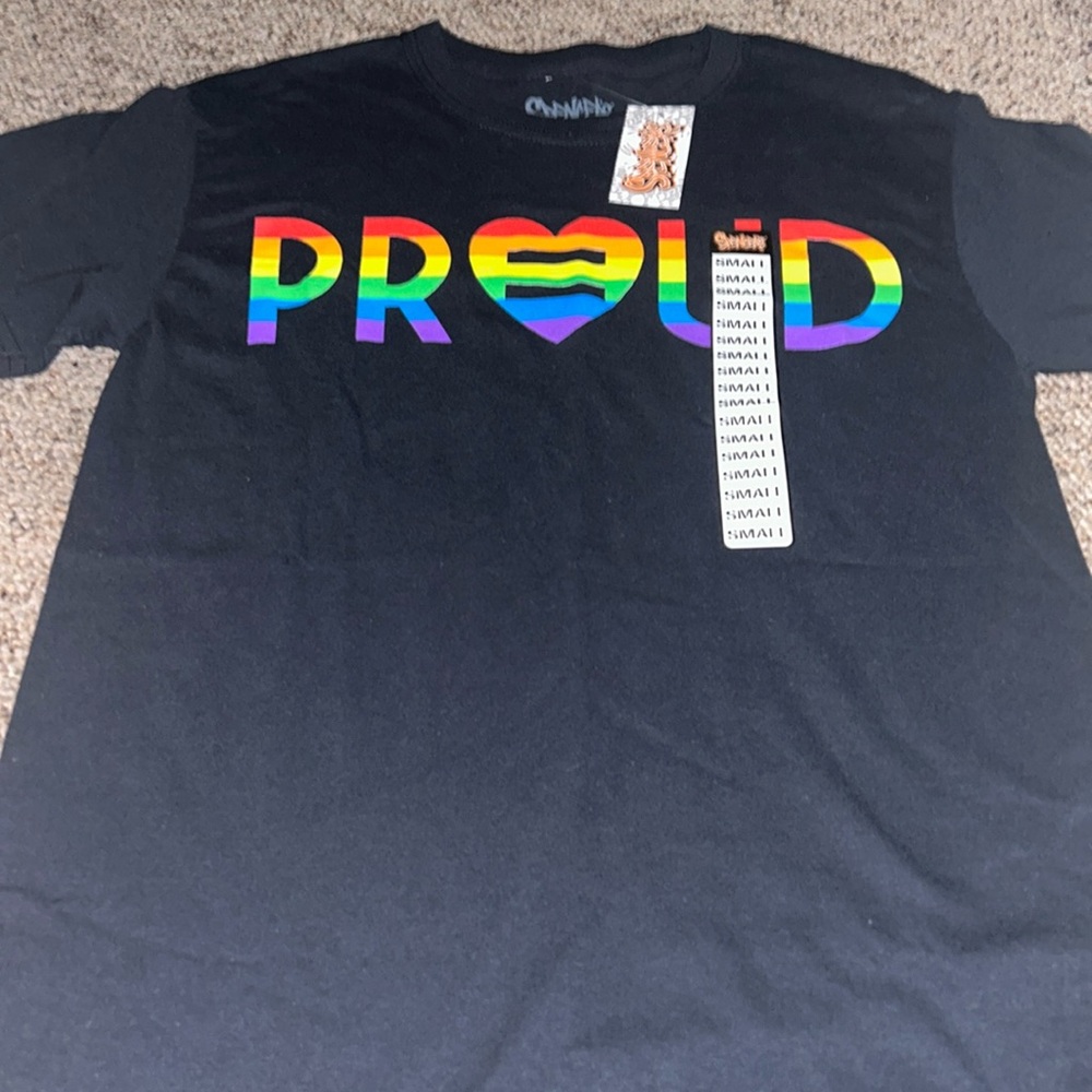 Small black T-shirt that says proud in rainbow for pride month. Never worn.